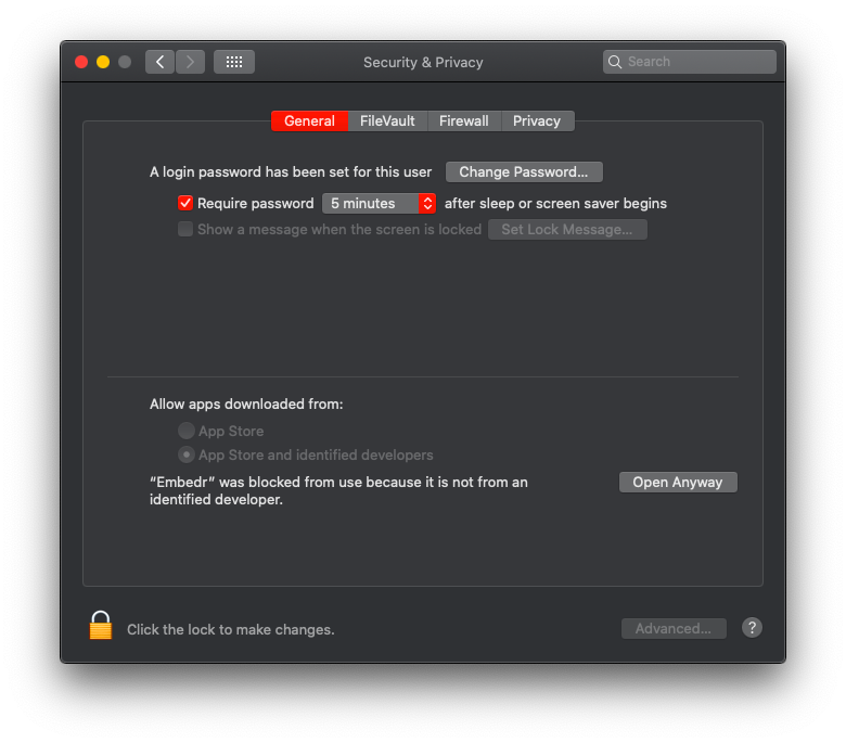 Security & Privacy settings with Open Anyway button