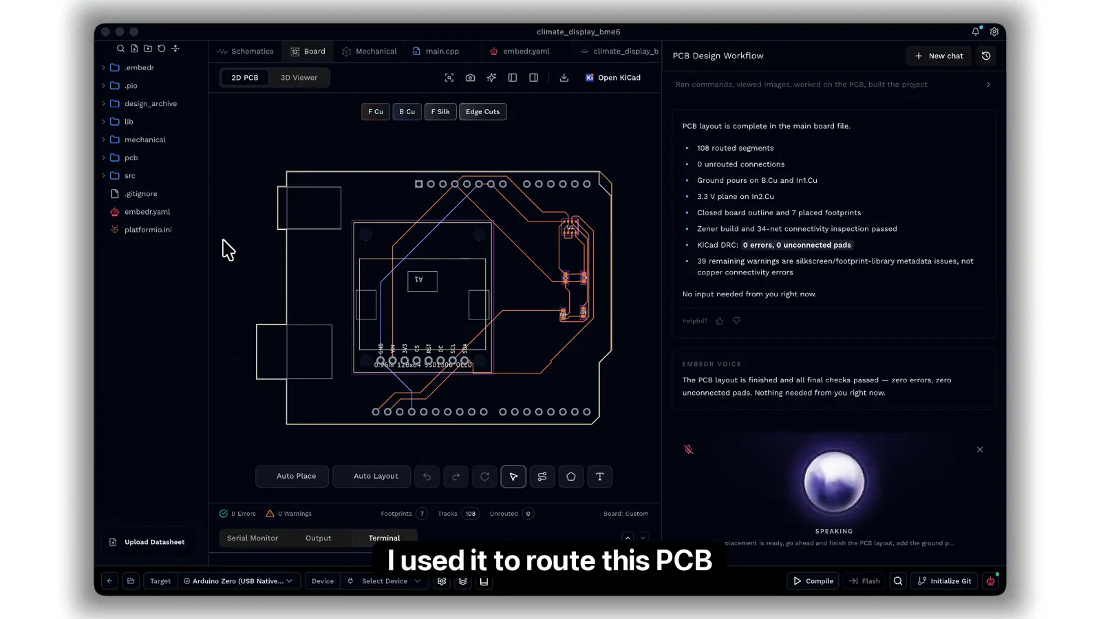 Embedr Voice Mode working beside a routed climate-display PCB